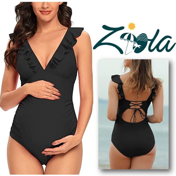 Ziola Swim Ziola Ruffle Vneck Maternity Swimsuit With Lace Up Back